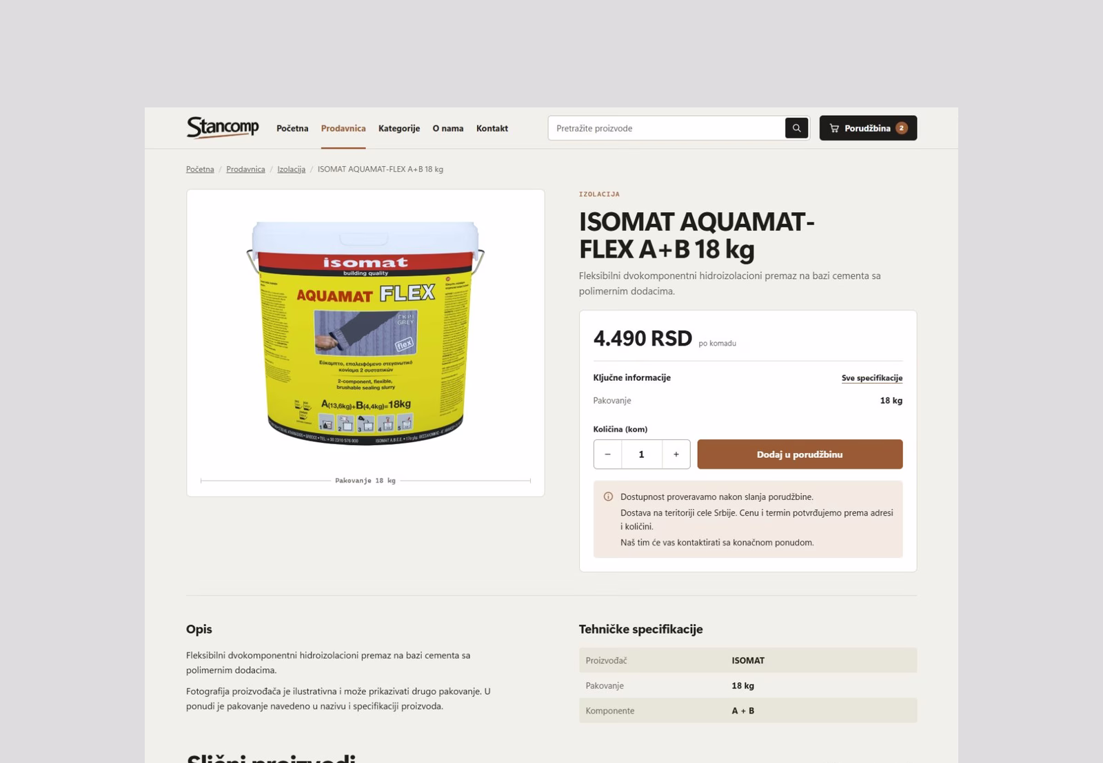 Stancomp — detalj proizvoda AQUAMAT-FLEX A+B sa cenom i specifikacijama